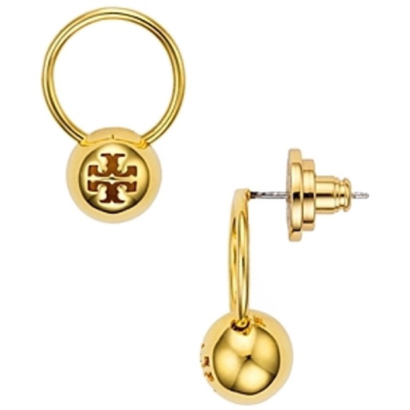NEW Tory Burch Gold Logo Bead Hoop Drop Earrings - Picture 4 of 6
